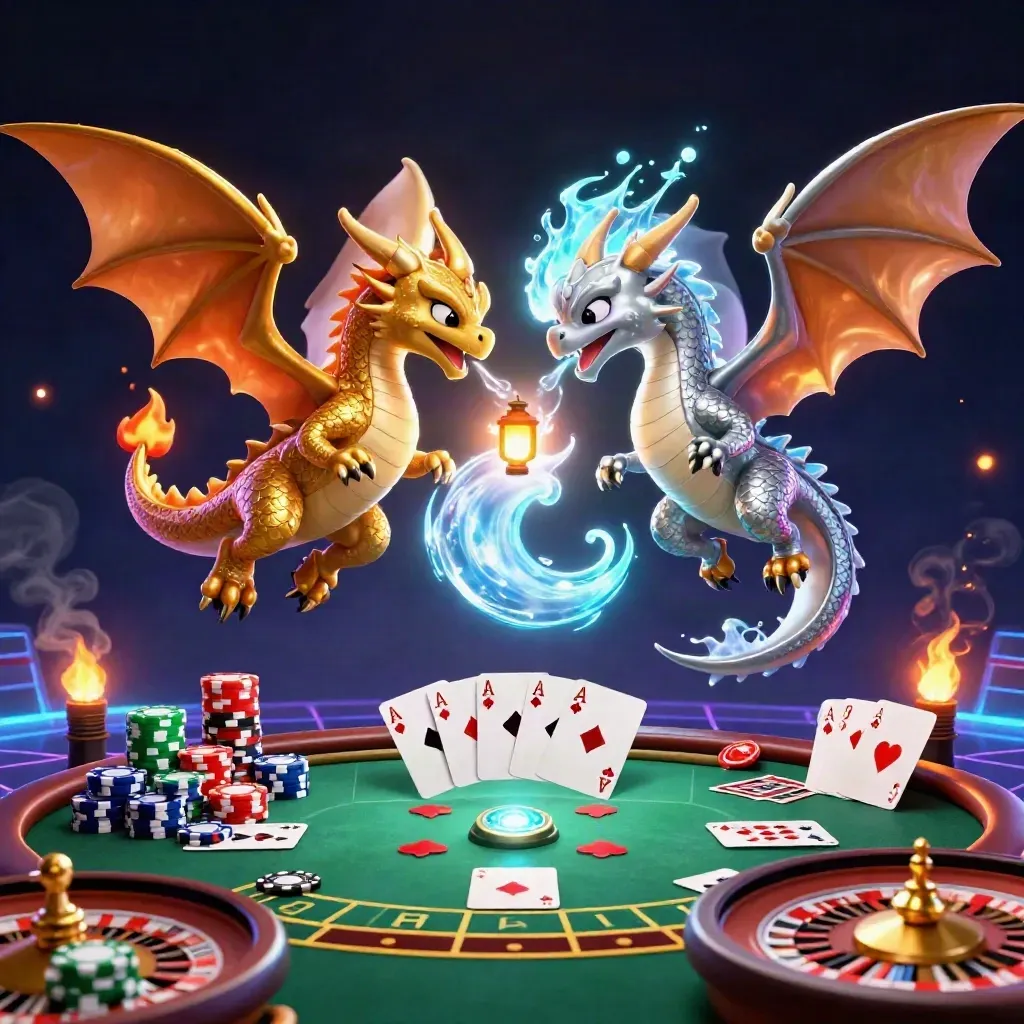 Twin gold and silver dragons orbit a lantern spirit above casino chips and glowing cards.