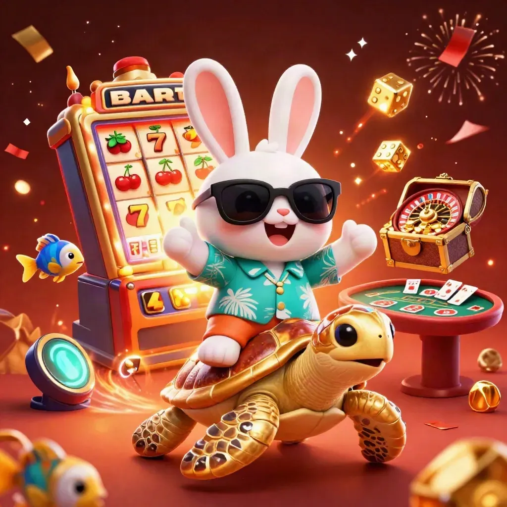 Lucky rabbit on a gold sea turtle with casino symbols, slot machine bursts, and neon sparks.