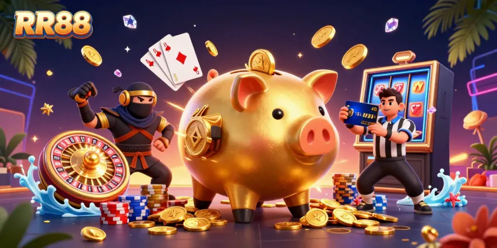 Experience the thrill of RR88 with a dynamic casino scene featuring a sumo wrestler, ninja, and referee.