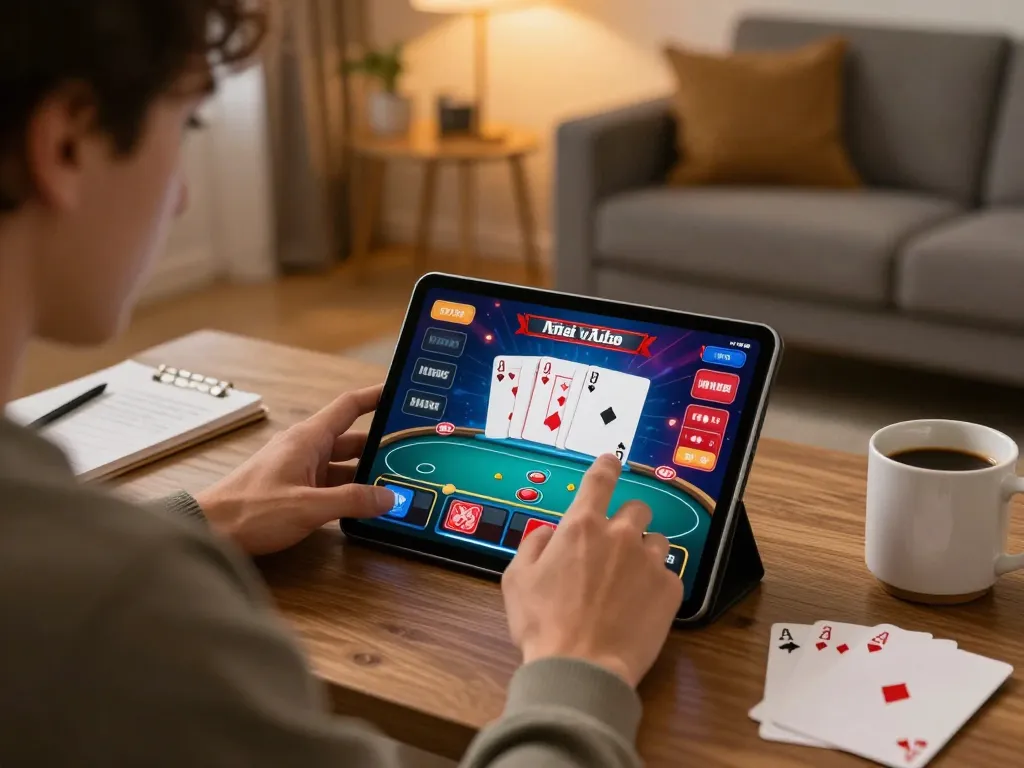 Play poker online at smartcityhostels with a cozy gaming setup featuring vibrant card graphics.