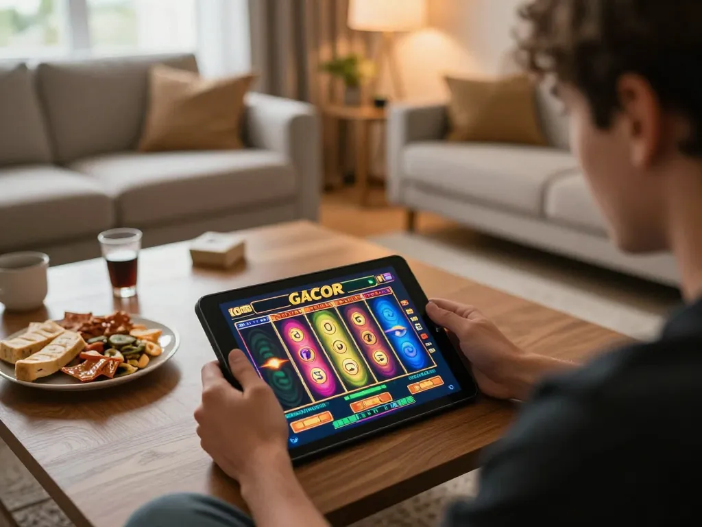 Engaged player spinning slot gacor reels on a tablet in a cozy home setting