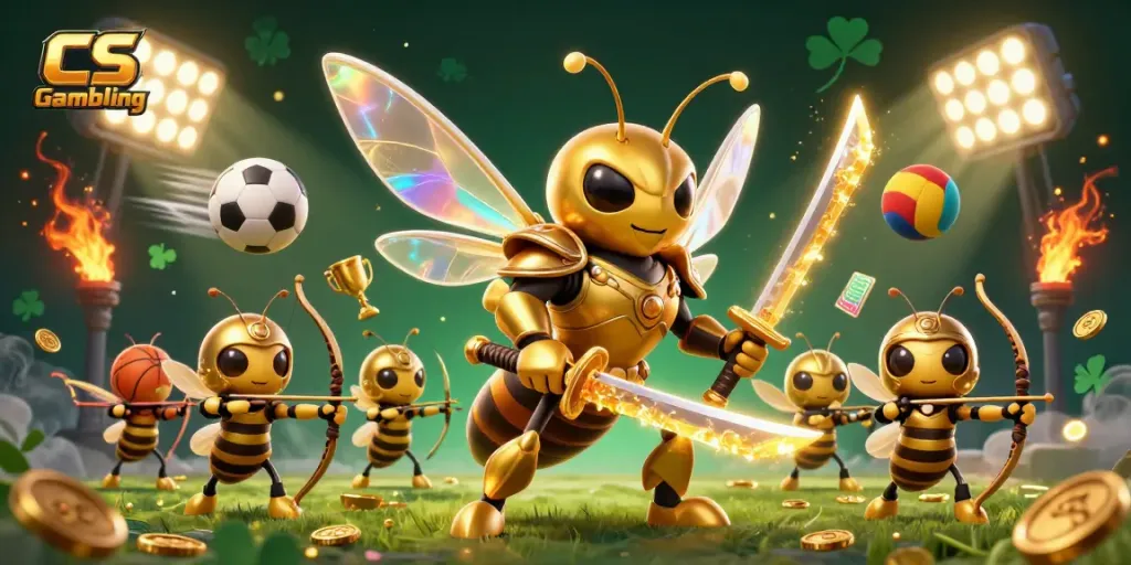 Dynamic scene of CS Gambling with samurai hornet and sports elements packed with action and excitement