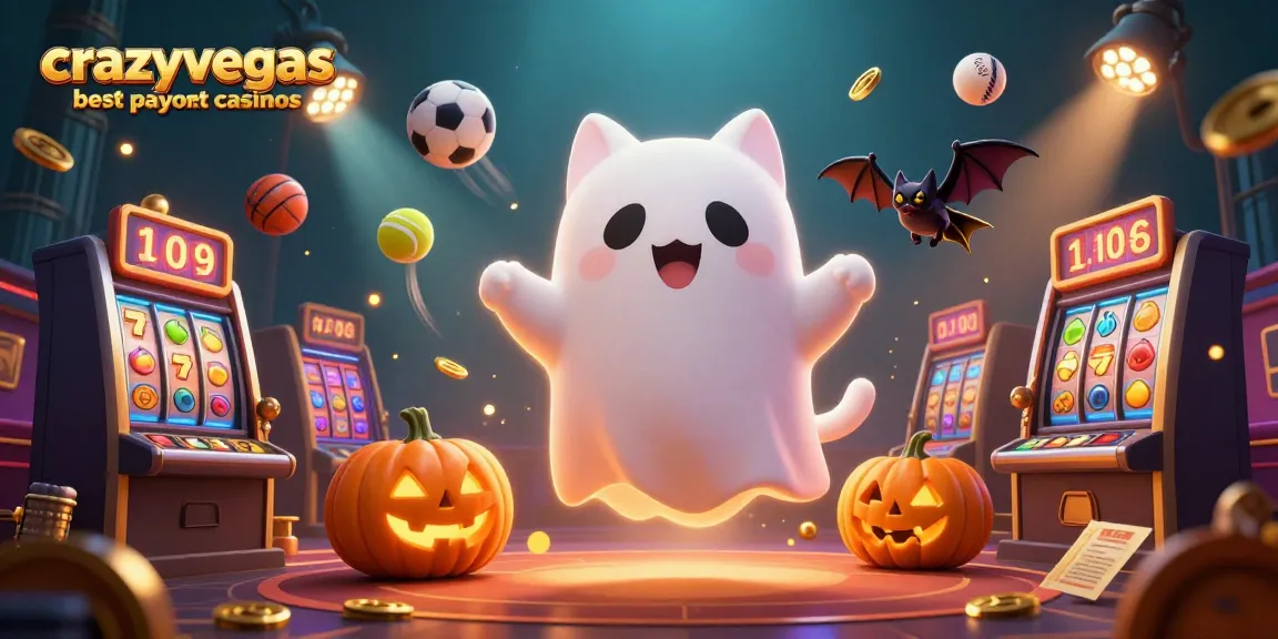 Capture the excitement of crazyvegas best payout casinos with a glowing ghost cat, bat, and vibrant slot elements.