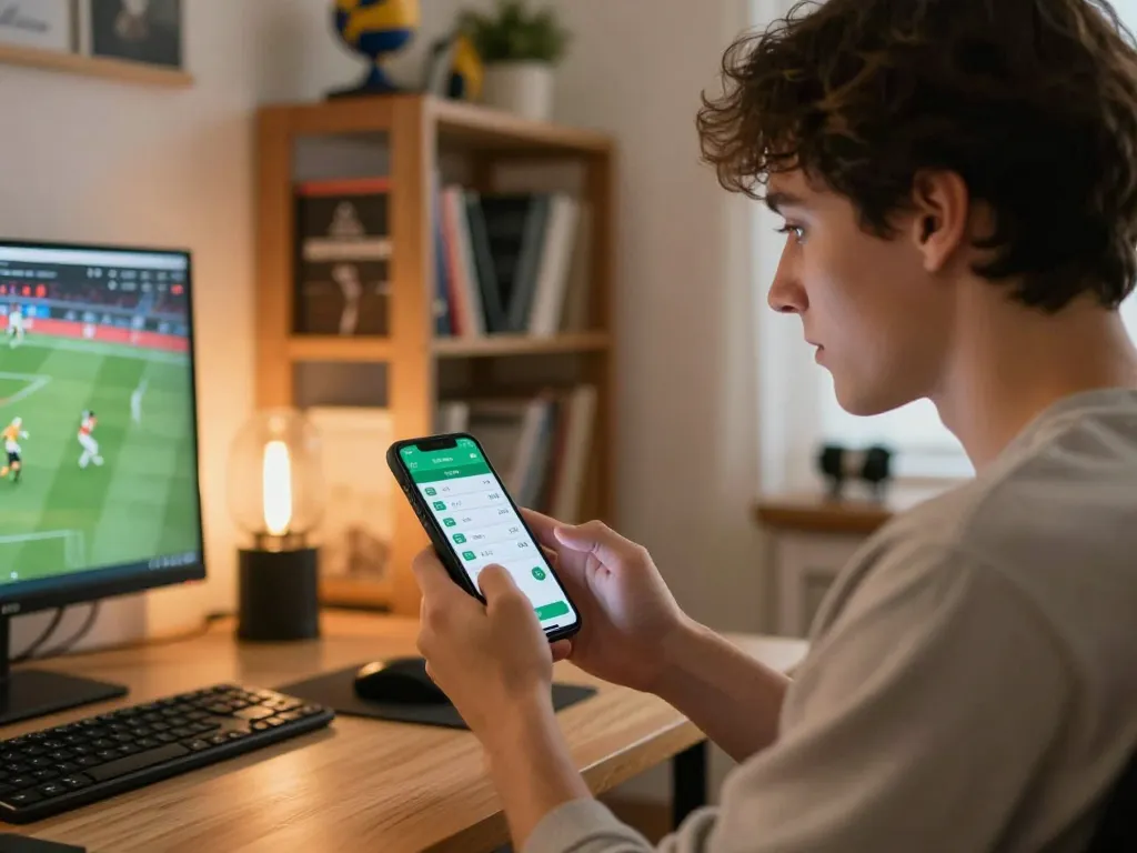 Các cược thể thao with a person betting on a smartphone in a cozy home office setting.