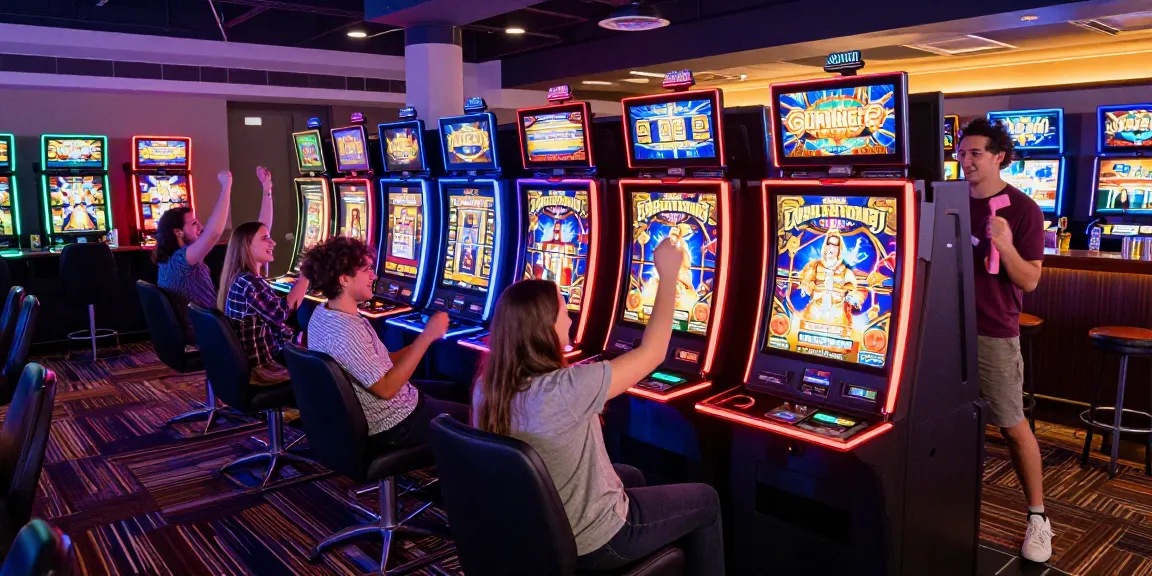 Friends celebrating wins at slot machines in a vibrant casino setting