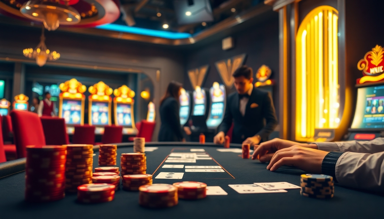 Engage in thrilling games at lego138 casino featuring elegant poker setups and slot machines.