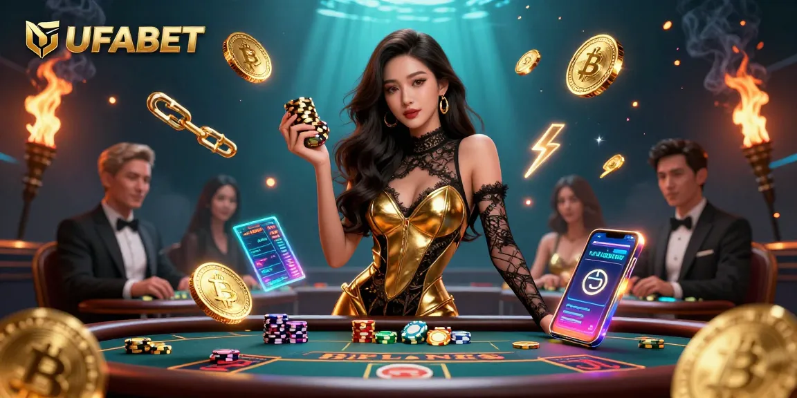Witness UFABET's thrilling baccarat experience with a glamorous player at a VIP table, surrounded by dynamic digital assets.