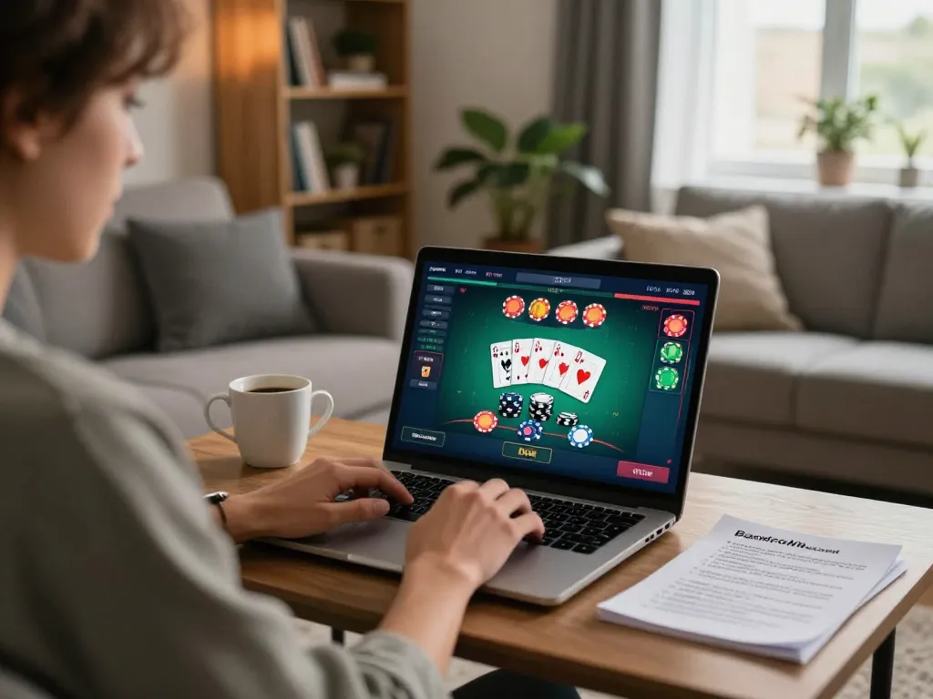 Engaging in online casino gaming at home, emphasizing đăng nhập goal123 to access thrilling poker action.