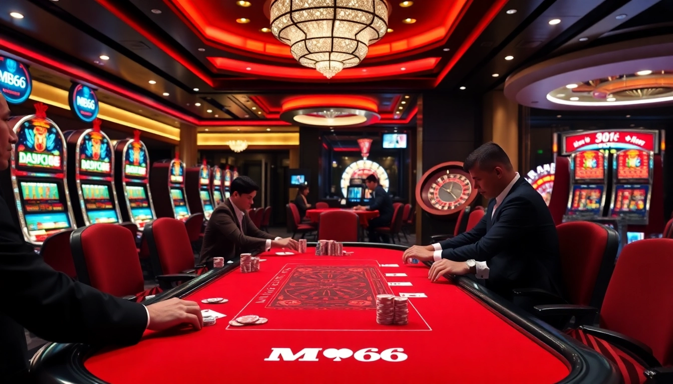 Experience high-stakes action at MB66's luxury casino with poker, chips, and vibrant tables.