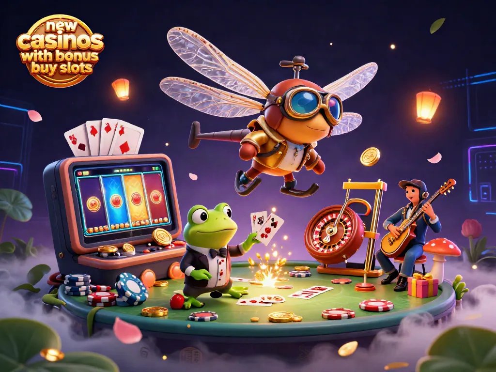 Win big at new casinos with bonus buy slots featuring a dragonfly pilot and frog dealer in a vibrant casino.