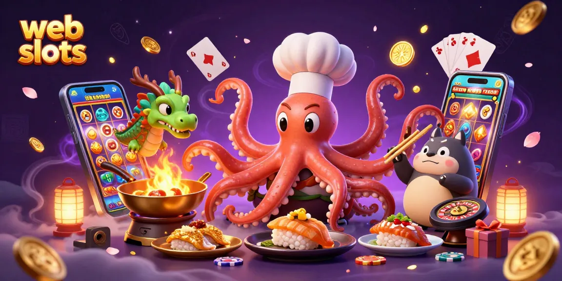 Engage in web slots fun with a sushi chef octopus and dragon amidst vibrant casino elements.