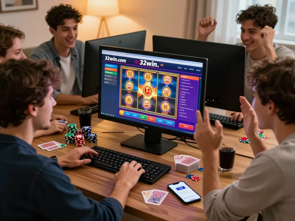 Exciting group engaging on 32win.com online gambling platform, celebrating wins and enjoying casino games together.