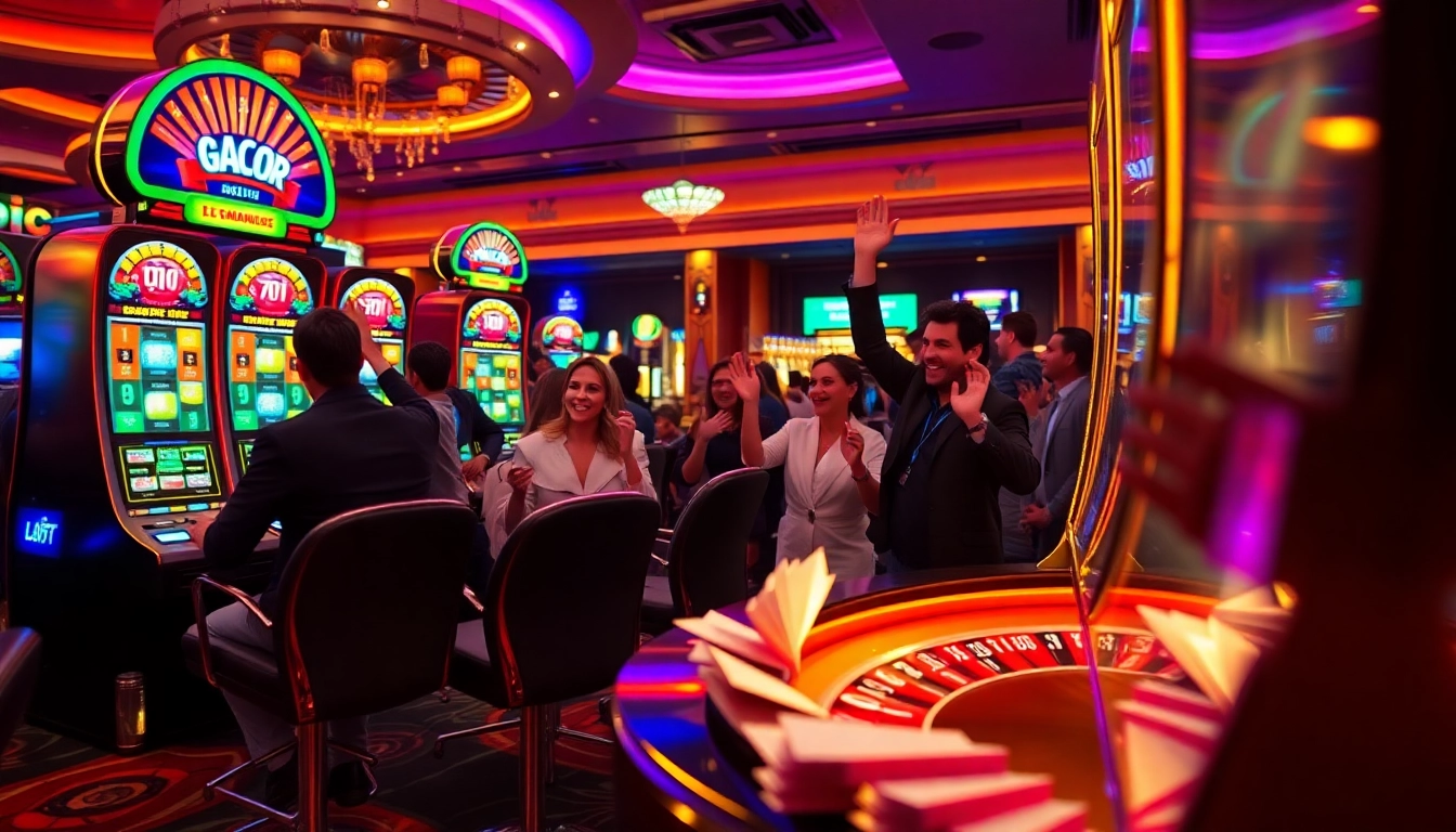 Excitement builds as players engage with the slot gacor machines in a luxurious casino setting.