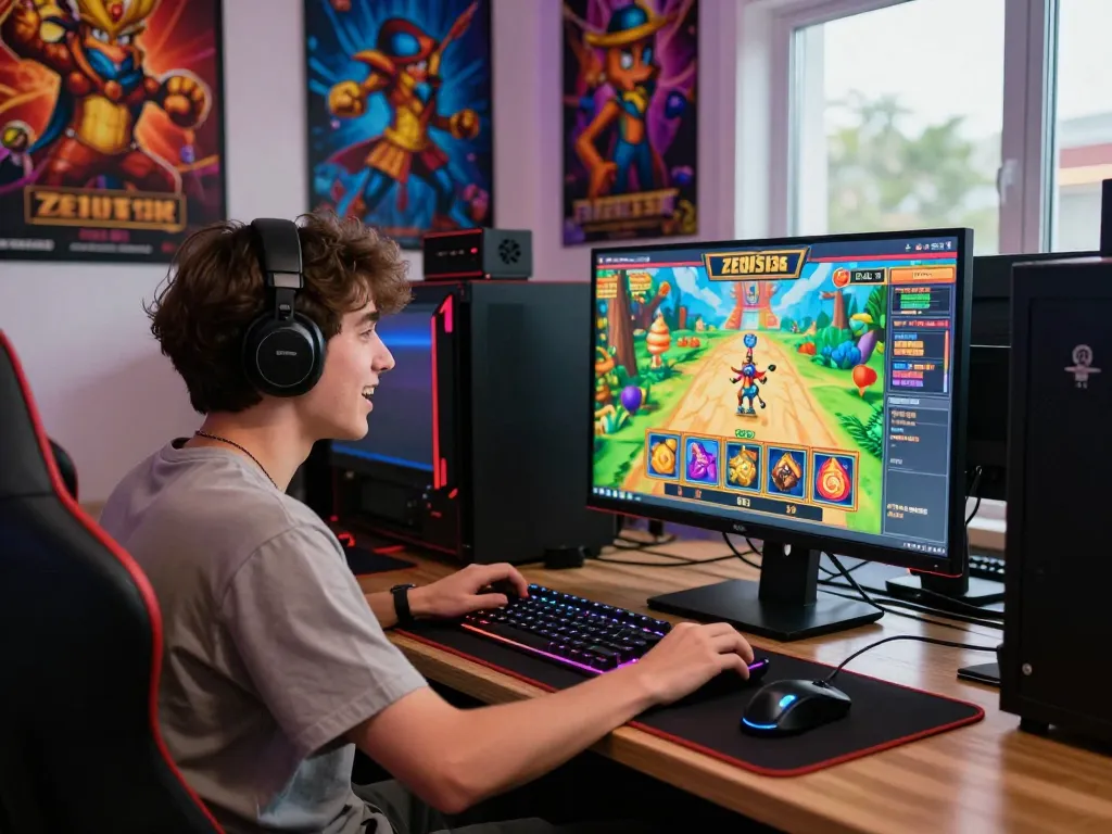 Excited gamer at Zeus138 slot game setup with vibrant lighting and accessories