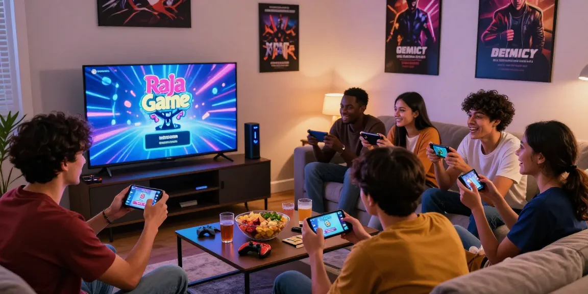 Engaging gaming night with friends using Raja Game login on mobile devices in cozy living room.