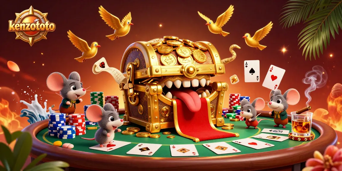 Win big at kenzototo with a captivating illustration of a treasure chest and poker elements.
