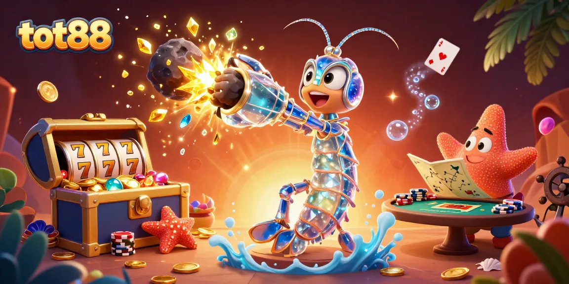 tot88 showcases a galactic samurai mantis shrimp amidst a vibrant casino scene, bursting with gold.