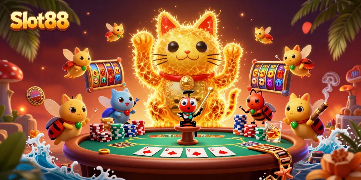 Engage with Slot88's lively scene, showcasing dynamic slot reels and a vibrant lucky cat.