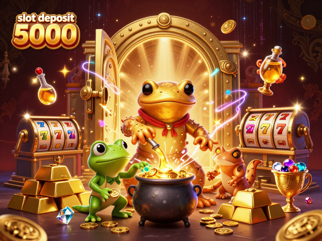 Experience thrilling wins with slot deposit 5000 while cartoon characters create gold in a vibrant casino scene.