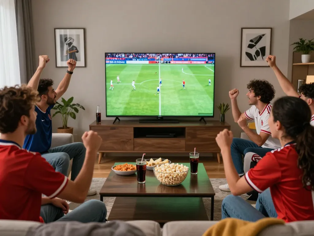 Friends enjoying a trực tiếp socolive football match in a modern living room.