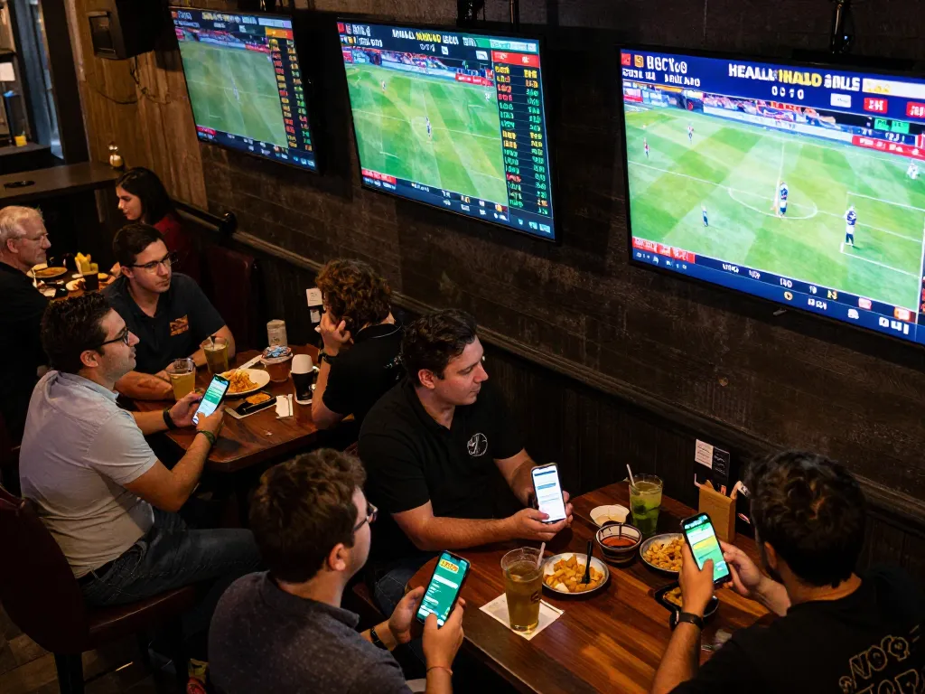 Exciting sports betting experience using the 99ok app in a lively sports bar setting