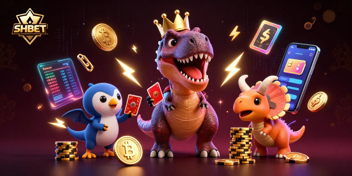 Experience SHBET's vibrant casino world with friendly characters in a rich digital illustration.