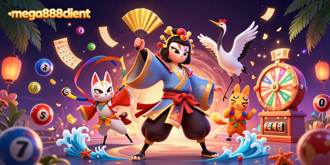 Play exciting games with mega888client's vibrant casino illustration featuring dynamic characters and elements.