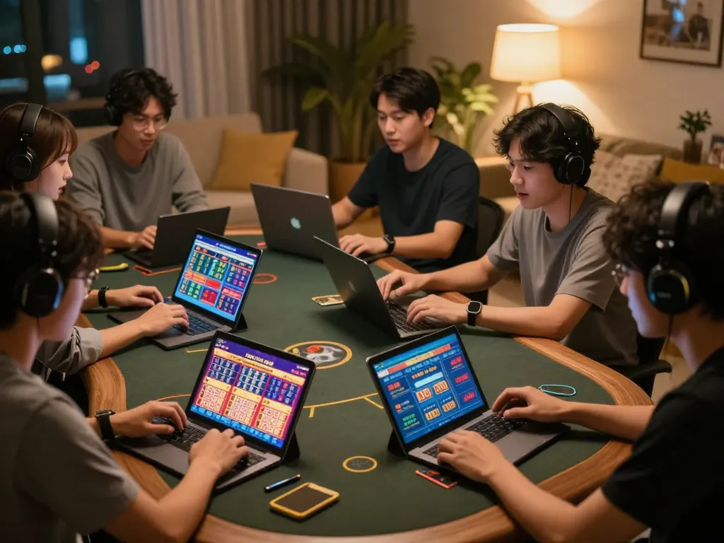 Pemain situs togel terlibat dengan permainan lotere di perangkat mereka, menunjukkan semangat dalam pengaturan rumah yang nyaman.