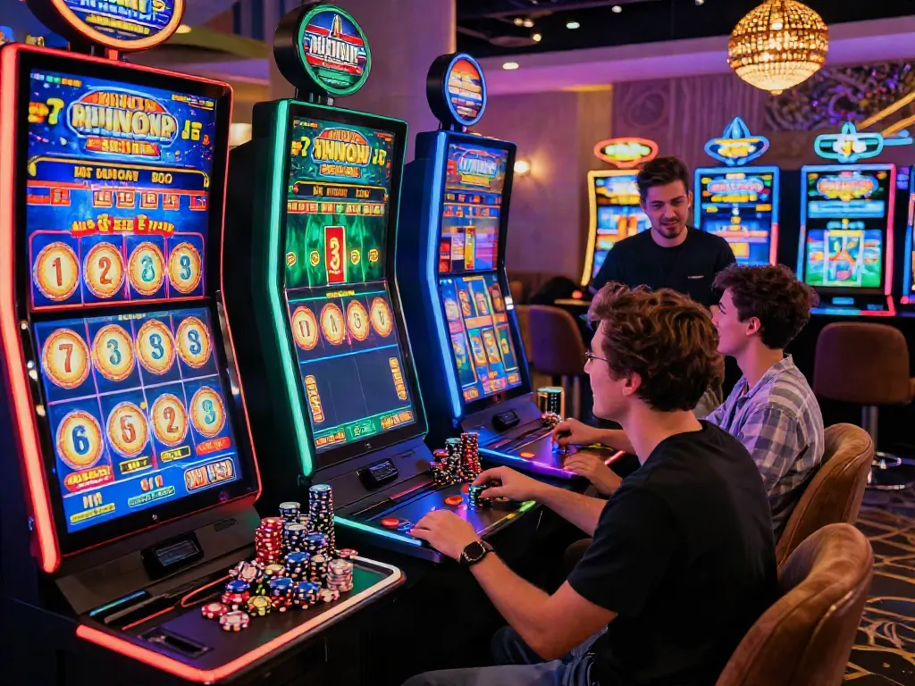 Permainan slot gacor JPTOTO dengan mesin berwarna-warni dan pemain bersemangat meraih jackpot.