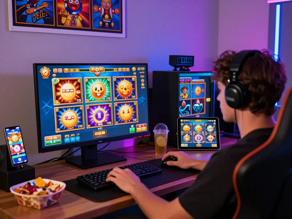 Engaging online gaming scene with kdslot experience on multiple devices, showcasing vibrant graphics and immersive setup.