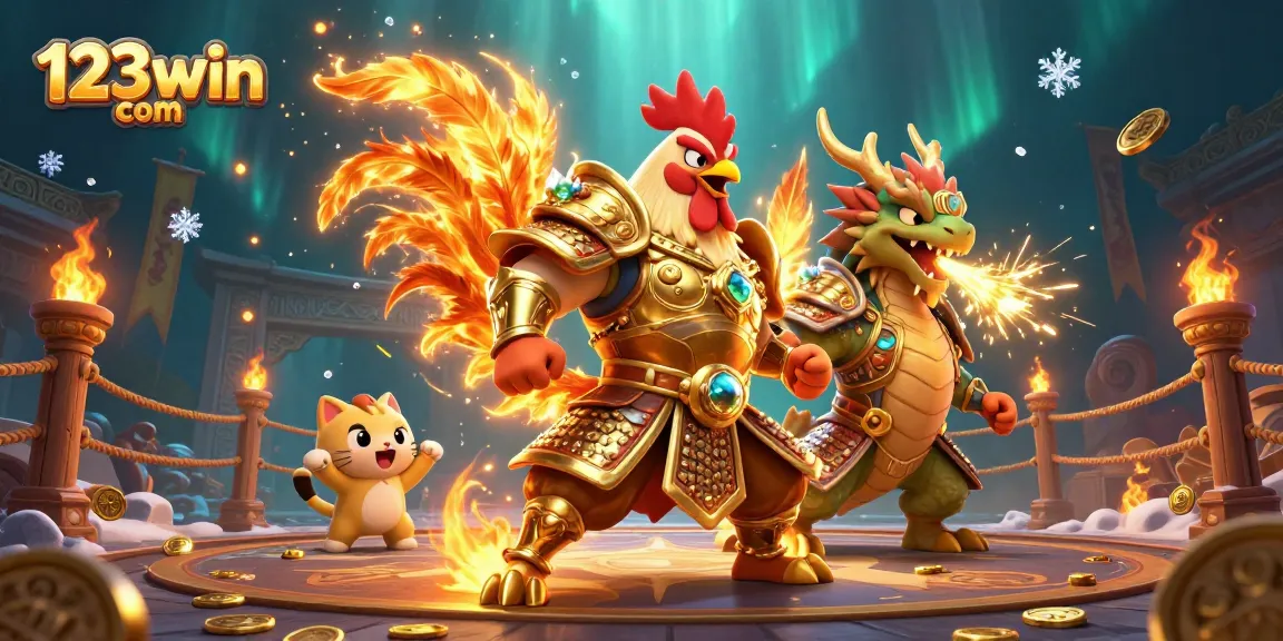 Experience thrilling gameplay and betting action with 123win com's vibrant casino battle scene featuring epic rooster warriors.