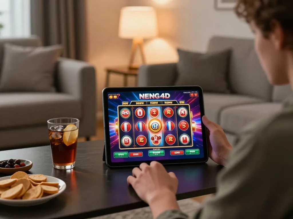 NENG4D player enjoying vibrant slot game on tablet in stylish home setup with drinks