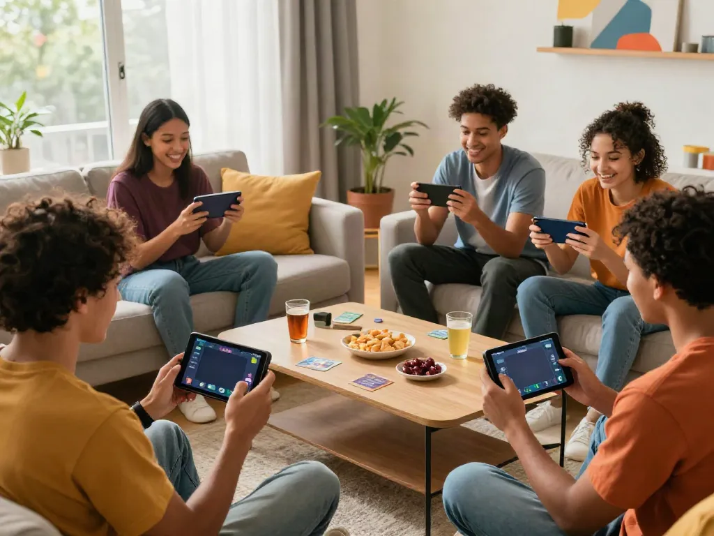 Friends enjoying Rumble Rummy app on smartphones in a lively living room setting.