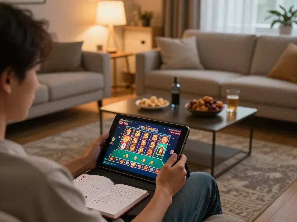 pemain radiofairindia menikmati permainan kasino online di tablet dengan camilan dan strategi di ruang tamu yang nyaman