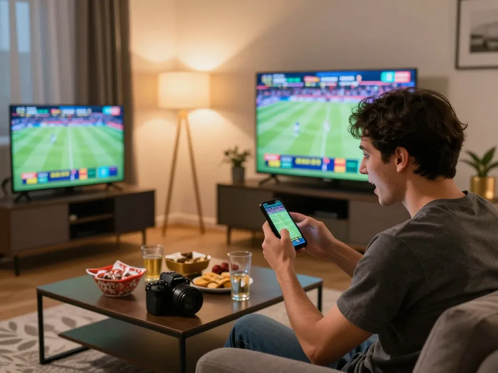 Cược thể thao enthusiast placing bets on smartphone while watching a game in a stylish home.
