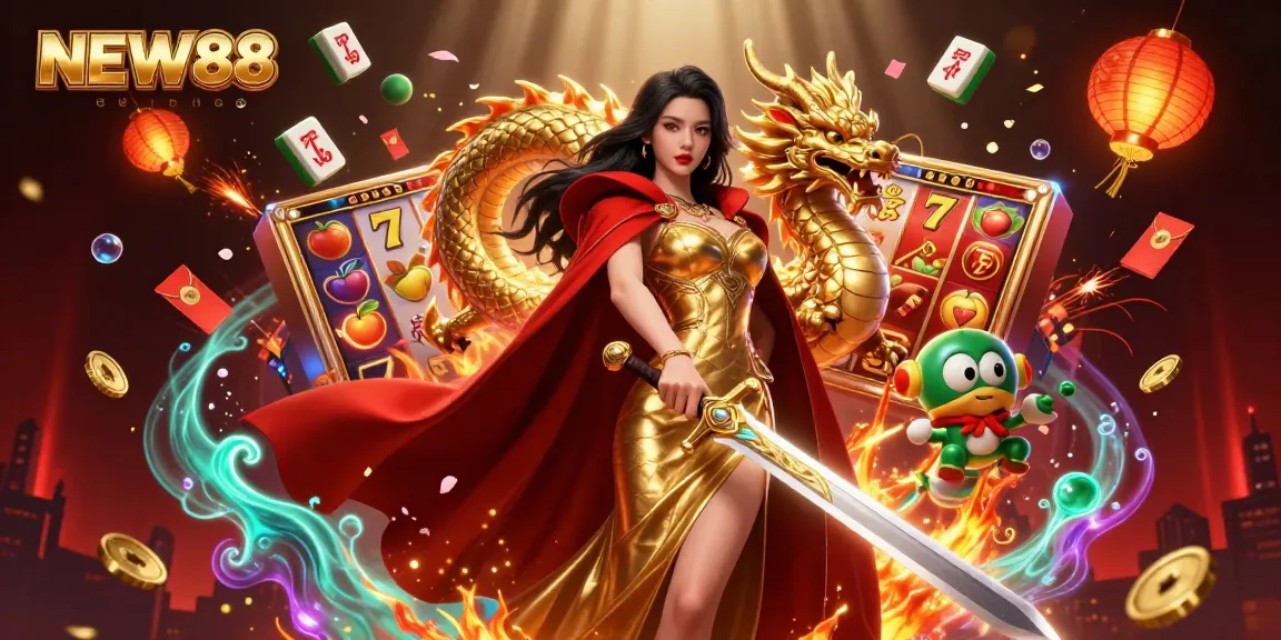 Engage in thrilling gameplay with NEW88 showcasing vibrant slot reels and a warrior queen