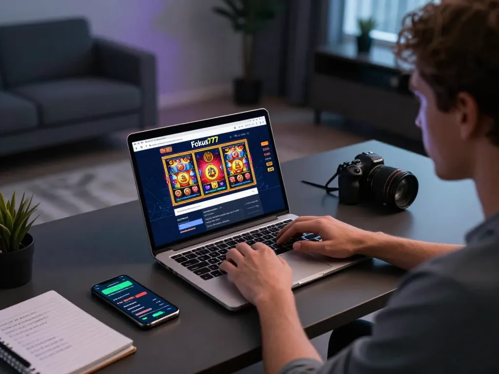 Player accessing Fokus777 login in a modern home office environment, showcasing online casino gaming strategy.