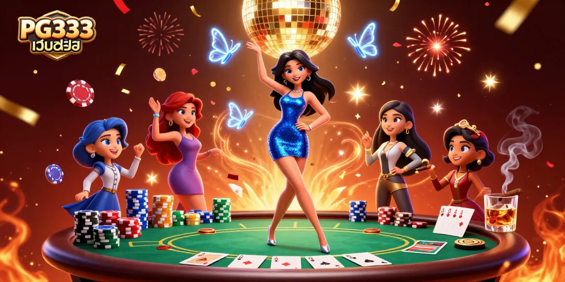 Experience excitement with PG333 เว็บตรง as a glamorous woman dances among neon butterflies and poker elements.