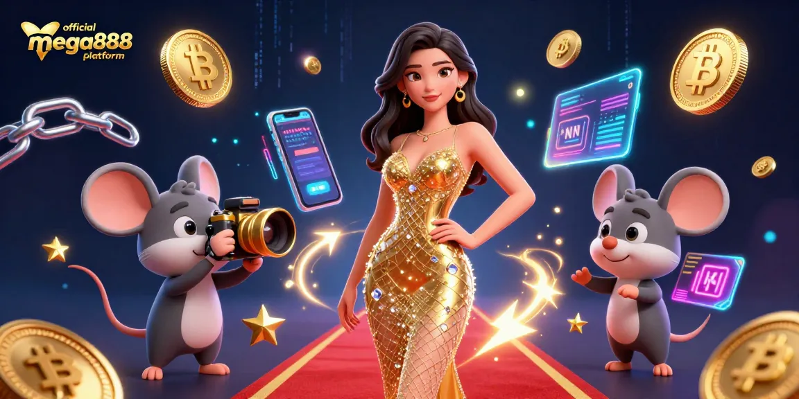 Engage with the official mega888 platform through this vibrant 3D scene depicting casino action and excitement.