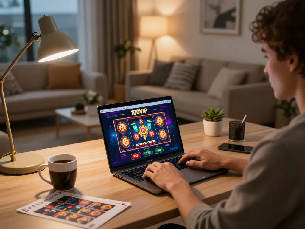 Intently playing on 100VIP online casino platform in a cozy home office setting.