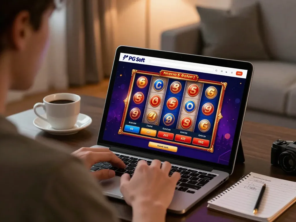 Permainan yang menarik dengan permainan slot PG Soft di layar tablet, menampilkan gulungan slot yang cerah