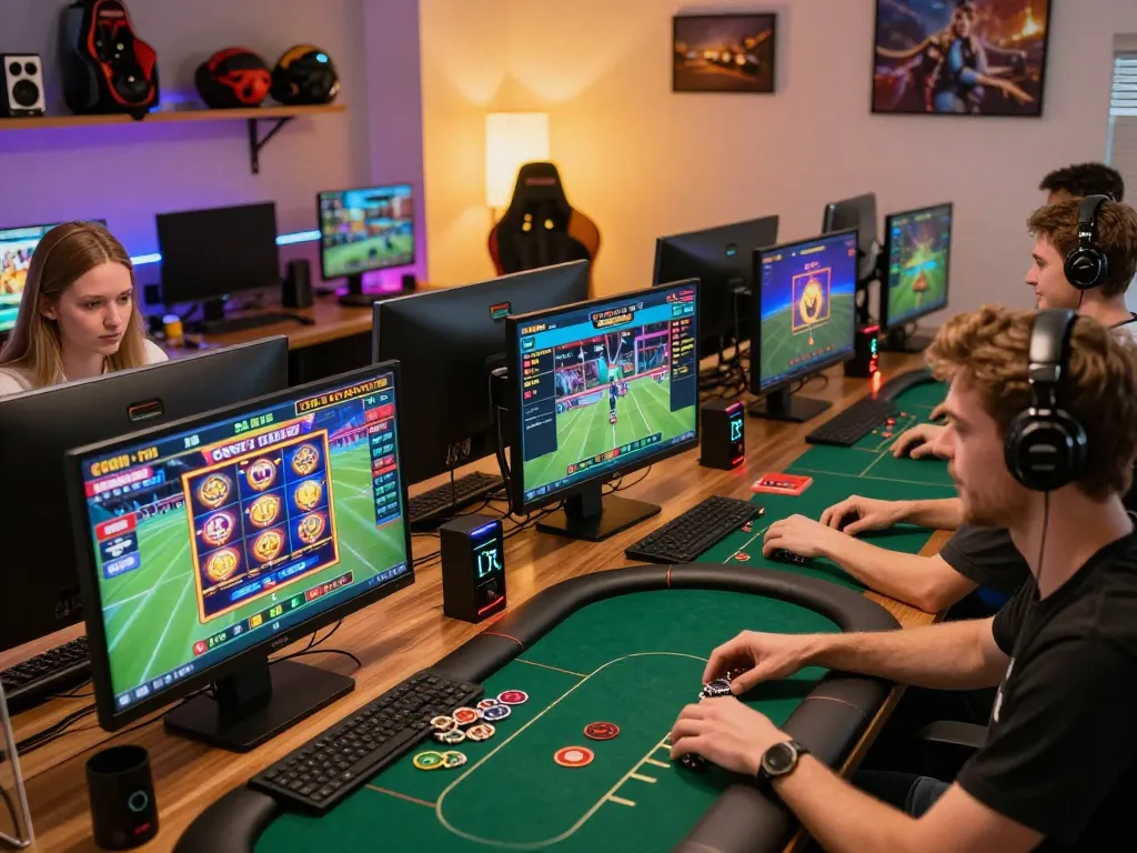Exciting online gambling scene with users betting on CWIN platform in a vibrant home office.