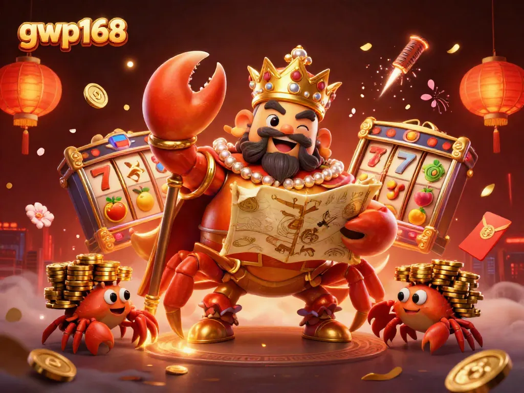 Permainan slot gacor di gwp168 dengan ketua kepiting emas raksasa yang dikelilingi banyak elemen menarik.