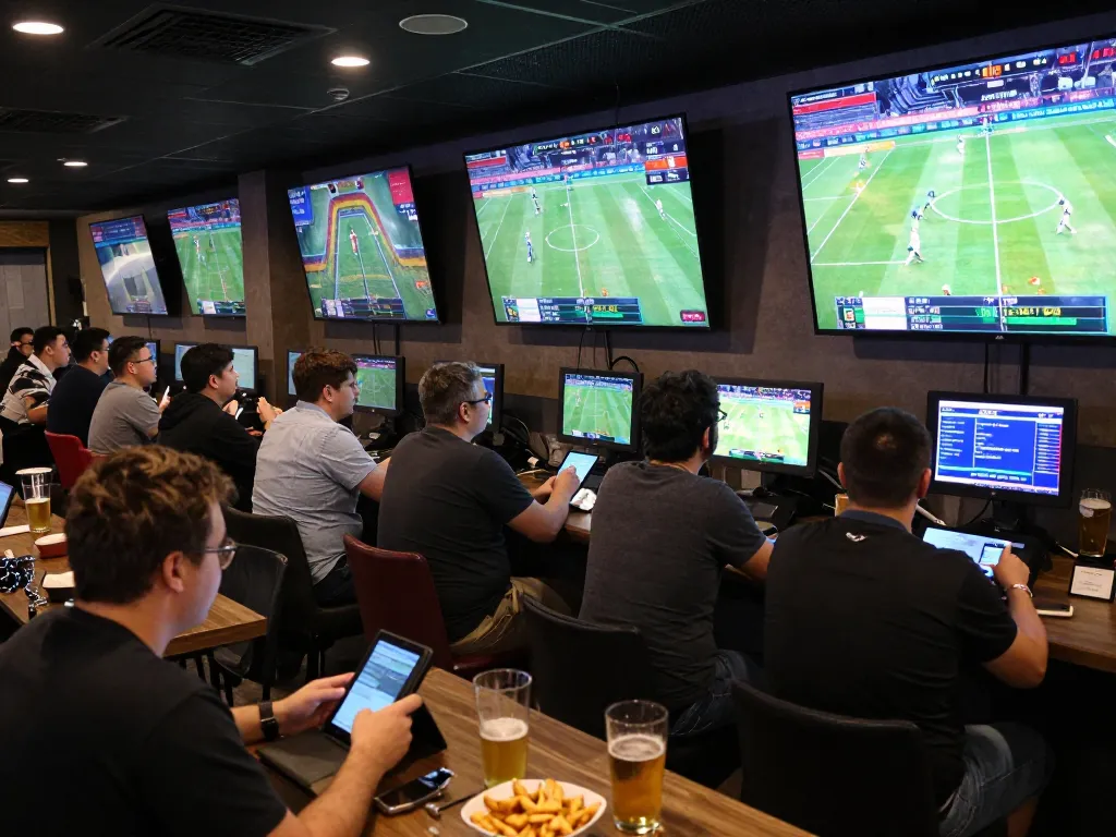 Engaged patrons placing bets on net88 during live sports events in a modern bar