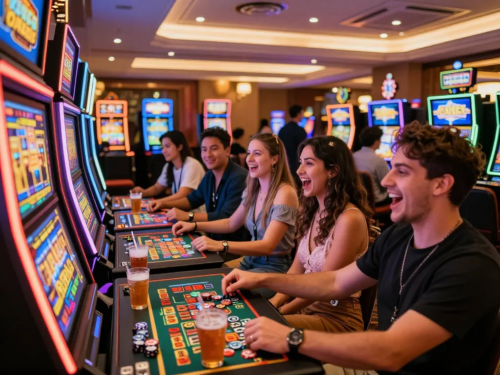 Excited friends playing slot gacor hari ini in a vibrant casino atmosphere with colorful lights