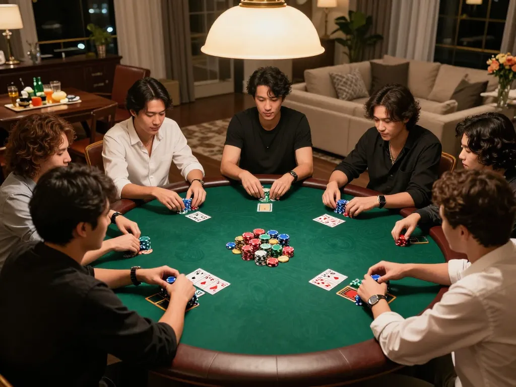 Immerse in megaplus88 poker strategies with an engaging home game setting showcasing intense player interactions.