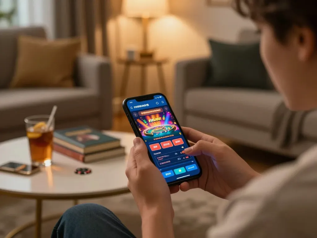 Fun88 user actively placing bets on a smartphone in a cozy home environment, highlighting online gambling.