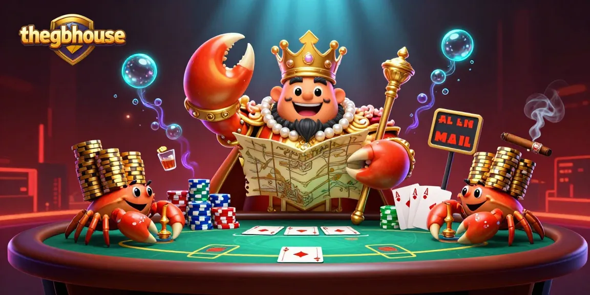 Engage with thegbhouse's vibrant 3D casino scene featuring a majestic golden crab and dynamic poker elements.
