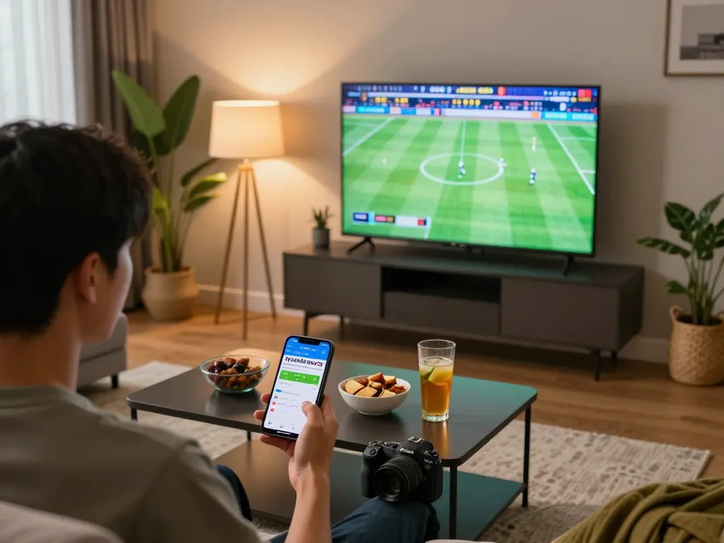 Engaging home sports betting scene featuring tỷ lệ bóng đá nhà cái displayed on a smartphone during a live match