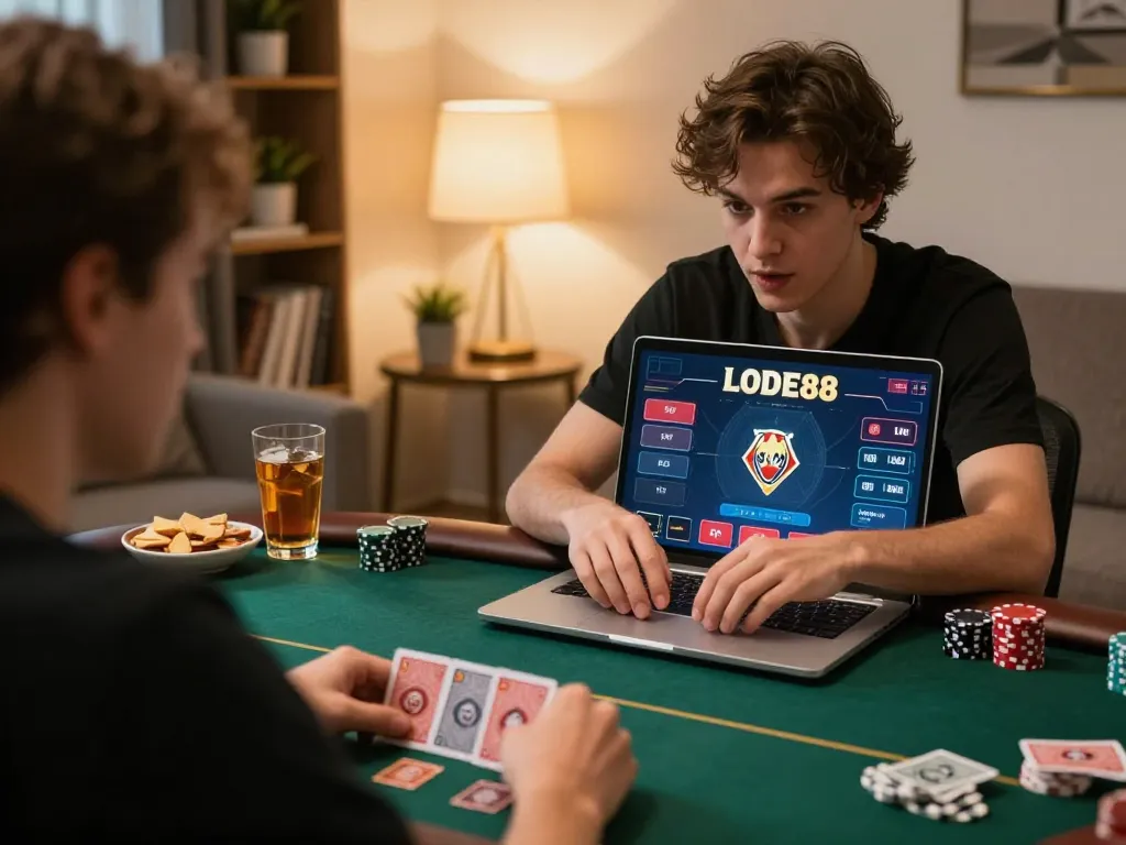 Player engaging with the LODE88 poker app on laptop in a cozy living room